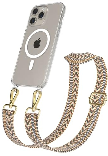EAZY CASE Handykette - Verstellbares Taschenband kompatibel mit iPhone 15 Pro Max, Schulterriemen, Handykordel mit Silikon Hülle, Qi Charging kompatibel, Umhängetasche, Braun Gold