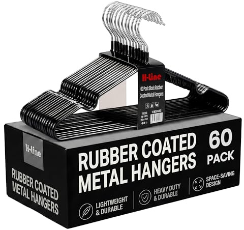 H-line Metal Hangers Rubber Coated 60 Pack Heavy Duty Strong Clothes Space Saving Organiser Hangers For Wardrobes Coat Rack Rails & Closet Thin and Non-Slip Clothing Hanger (Black)