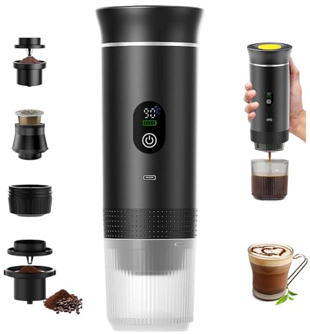 Portable Espresso Machine, Travel Coffee Maker, 3-in-1 Car Coffee Maker, Portable Electric Espresso Machine, Compatible with Big Capsule, Small Capsule and Coffee Powder, for RV, Hiking, Office Black