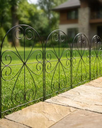 ARIFARO Metal Garden Fence Panels, 60cm H x 32cm W, 3.2m Total, 10 Panels | No Digging Outdoor Fencing, Small Animal Barrier & Protection, Decorative Border for Yard, Patio, Flower Bed, Black