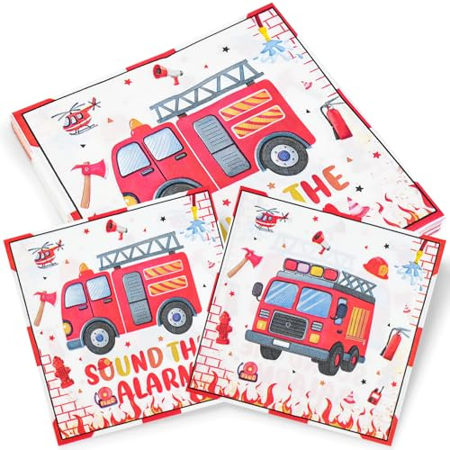 NISENTIA 30 Stück Feuerwehr Servietten Kindergeburtstag, Servietten Geburtstag Kinder, Feuerwehr Deko Geburtstag, Feuerwehrauto Kindergeburtstag Deko, Papierservietten für Kinder Party Tischdeko