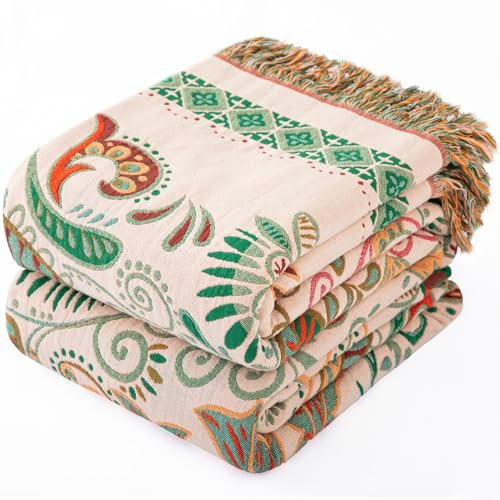 Dormilin Boho Tagesdecke mit Fransen, 100% Baumwolle Doppelseitige Musselin Decke 150x200cm, Weiche Kuschelige Sofadecke & Bettüberwurf, Atmungsaktiv für Wohnzimmer Schlafzimmer Ganzjährige Nutzung