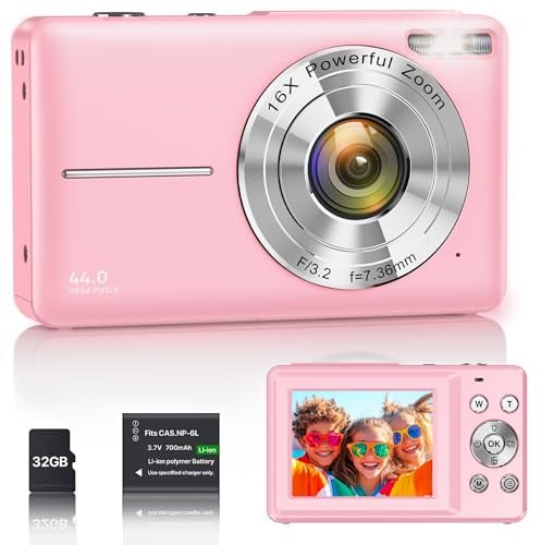 Cámara Digital 1080P 44MP Cámara de Vlogging para Niños Adolescentes, FHD Compacta Portátil con Pantalla de 2,4 Zoom 16X, Mini Cámara Anti-vibración para Principiantes Estudiantes-Rosa