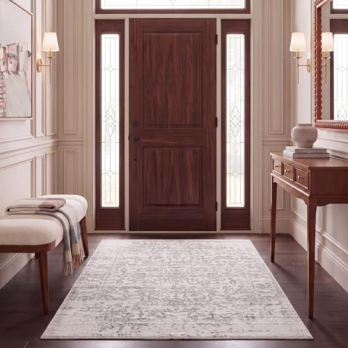 SAFAVIEH Distressed Teppich für Wohnzimmer, Esszimmer, Schlafzimmer - Madison Collection, Kurzer Flor, Silber und Elfenbein, 201 X 279 cm