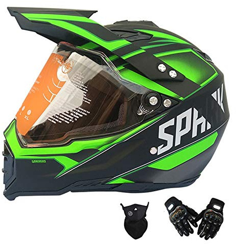 Casque Enduro VTT Homme, Noir et Vert, Casque Motocross avec Visiere Gants Masque, Casque Cross Integral Adulte Set de Casque Moto pour Velo Quad ATV Downhill Scooter,M