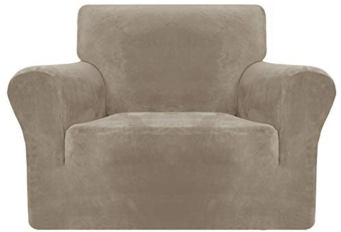 MAXIJIN Dicke Samt Stuhlhussen für Sessel Super Stretch rutschfeste Sofabezug 1-Sitzer Hunde Katze Haustier Wohnzimmer 1-teiliger elastischer Couch Protector Stuhl Schonbezug (1 Sitzer, Khaki)
