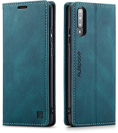 LOLFZ Handyhülle für Samsung Galaxy A70, Vintage Dünne Schutzhülle RFID Schutz Kartenfach Standfunktion PU Leder Magnetische Klapphülle Kompatibel mit Galaxy A70 - Blau