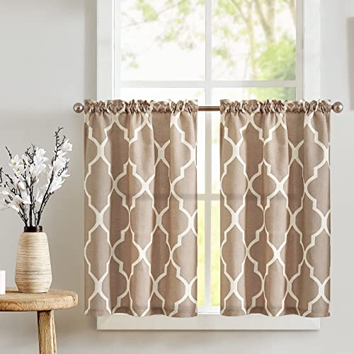 TOPICK Scheibengardine Küche Vorhang Bistrogardine Leinen Optik Blickdicht Gardine Privatsphäre Gaze Schals Scheibengardinen Fensterschal für Wohnzimmer Landhaus 2 Stück 65Bx90H (cm) Braun