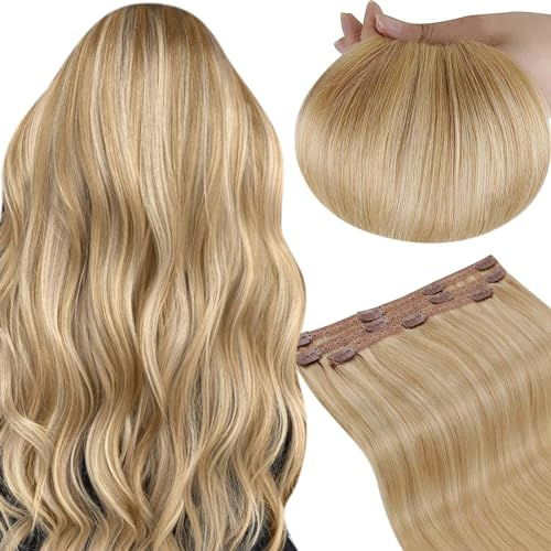 RUNATURE Clip Extensions Echthaar Blond 25cm 3Pcs Goldblond Mit Hellblond Haarverlängerung 50g #16P24