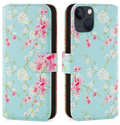 32nd Floral Series 3.0 - Design PU Leather Book Wallet Case Cover for Apple iPhone 14 (6.1), Designer Flower Pattern Wallet Style Flip Case With Card Slots - Spring Blue