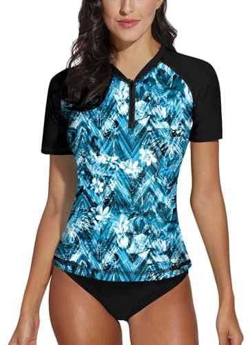 Ladies Summer Short Sleeve Crew Neck Uv Sun Protection Rashguard Swimwear Top Zipper Quick Dry Rash Vest Black Sleeve L