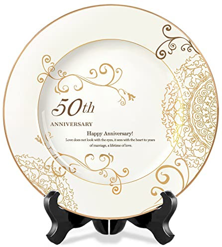 FIAHNG 50th Anniversary Wedding Plate, 9 Inch Porcelain Gold Plate with Stand, Luxurious Formal Style, Gold Foil Design, Perfect for Decoration