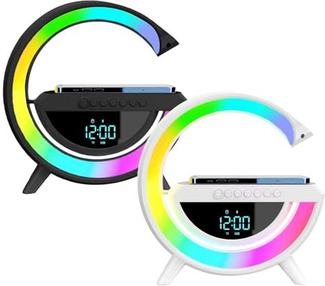 Lampada caricabatterie wireless a forma di G, luci da comodino, lampade intelligenti con altoparlante-timer, sveglia, lampada da comodino da scrivania con ricarica wireless, altoparlante da tavolo
