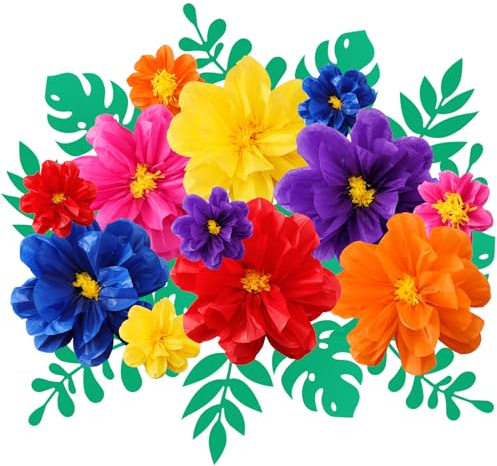 Geyee Large Colorful Tissue Paper Flowers 20 10 Giant Mexican Fiesta Paper Pom Poms and Leaves, Crepe Flowers Craft for Wall Backdrop Birthday Party Wedding Decor(Elegant Color)