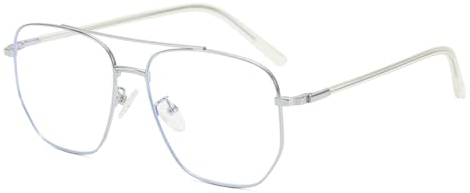Junsika Quadratische Pilotenbrille Blaulichtfilter Brille für Damen und Herren Klassische Vintage Silber Pilotenbrille Metallrahmen Computer Brille