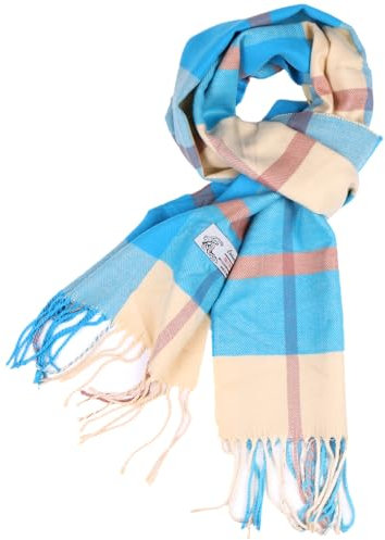 TZ Promise Winterschal mit Fischgrätenmuster, Hahnentrittmuster, Kaschmir-Haptik, klassisch, weich, luxuriös, für Damen und Herren, Türkis/Beige kariert, Einheitsgröße