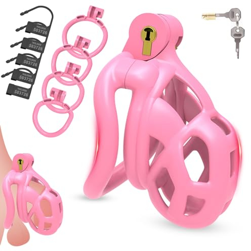 2.0 Keuschheitsgürtel Set Rosa Chastity Cage Male Peniskäfig,mit 4 Größen Arc Hodenringe Cockring,3D Harz Keuschheitskäfig Herren,BDSM Sex Toyset Herren Abstinenz Keuschheit Penis Käfig (M)