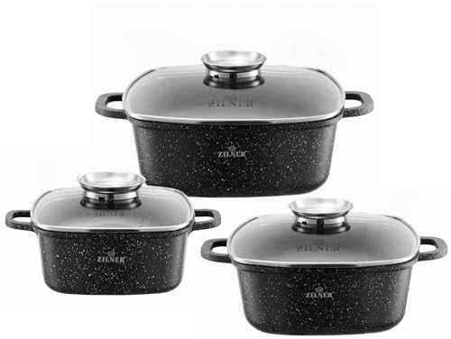 Zilner 6 Tlg. Granit Topfset 3 x quadratische Töpfe Antihaftbeschichtung 2,5/4,5/6.5L | induktions Töpfe Set, Kochtöpfe, Töpfe Induktion | Kochgeschirr Set, Topfset induktionsgeeignet ZL-007019
