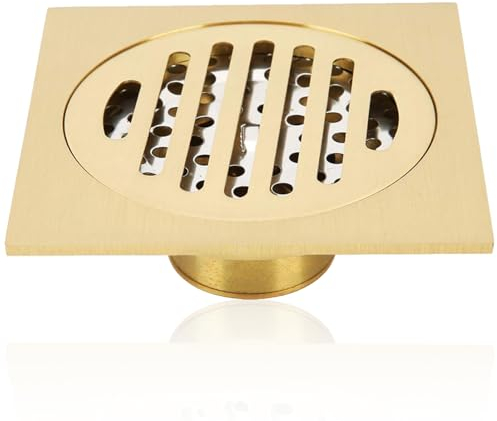 Shower Drain Kit, Brass Bathroom Floor Drain Set with Removable Strainer Cover Square Anti Clogging Floor Drain Gold Shower Drain Hair Catcher for Shower Drain Water Draining Supplies