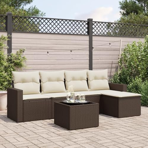 Brokky 6-TLG. Garten-Sofagarnitur mit Kissen Outdoor Gartenlounge TerrassenmöBel Garten LoungemöBel Set Lounge Sofa Braun Poly Rattan / 3251240