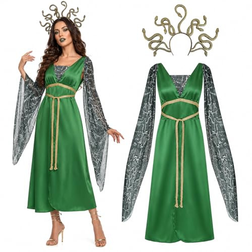 Claofoc Medusa Kostüm für Erwachsene, Griechische Göttin Kostüm mit Goldenem Schlangen Kopfbedeckung Fancy Kleid Mädchen Grün Medusa Outfits für Halloween Karneval Cosplay Party