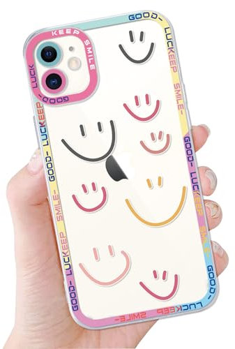 Saqmkil Transparent Handyhülle für iPhone 12 Hülle, Süße Smiley Muster Design Mädchen Aesthetic Case, Dünn Weich Durchsichtig Silikon Slim TPU Kameraschutz Stoßfest Schutzhülle für iPhone 12 6,1