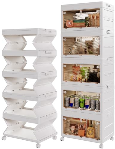 BTGGG 60L*5 Tier Aufbewahrungsboxen mit Deckel, Integrierte Faltbare Aufbewahrungsboxen Kunststoff-Aufbewahrungsbox mit Rollen, Organizer Boxen Kisten Aufbewahrung mit Tür, Einteilige Design
