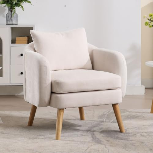 chairus Fauteuil Salon Confortable avec Double Coussin, Chaise de Salon en Chenille, Fauteuil Crapaud avec Pieds en Bois pour Chambre, Salle de Séjour, Beige