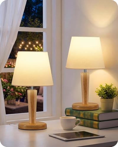 GOEBLESON Nachttischlampe aus Holz 2er Set, Weiß Tischlampe | Mit Leinen Lampenschirm, E27 Fassung mit Birne, 3000K/4000K/6500K, für Wohnzimmer, Schlafzimmer, Fensterbank ZMW13TLDP205