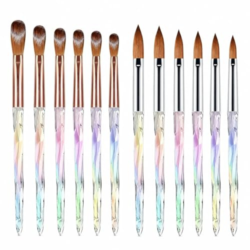 12PCS Acrylic Nail Brush Set, Nail Art Brushes for Acrylic Powder | Nylon Bristles, Acrylic Handles, Sizes 4-14, Flat and Pointed Tips, for Gel, Acrylic, DIY and Salon