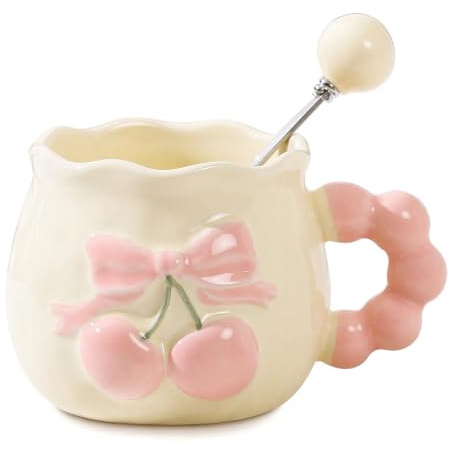 Coffee Mugs with Spoon Set, Yellow 3D Embossed Bow Design, 300ml Creative Cute Ceramic Coffee Mug, Home Decor Valentine'S Christmas Birthday Thanksgiving Day Cute Gifts for Women Girls Bestie Friends