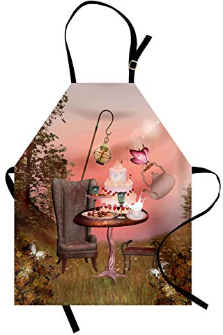 ABAKUHAUS Surrealistisch KochKochschürze, Geburtstags-Alice im Wunderland mit Kuchen-Schmetterling in der Waldkarikatur-Kunst, Höhenverstellbar Klare Farben ohne verblassen, Schamesröte Braun
