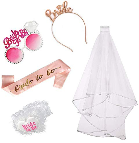 Annhao Addio Nubilato Decorazione, Sposa di Essere Bride to be Satin Sash Giarrettiera Sposa Cerchietto Tiara e Velo Sposa Matrimonio, Occhiali Rosa con Il Pettine per Hen Feste Notte, 5pcs
