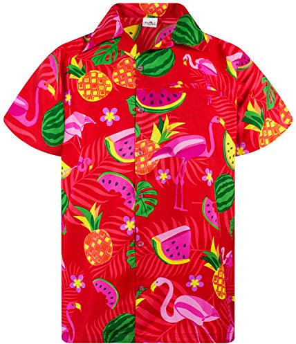 King Kameha Funky Hawaii-Hemd, Herren, Kurzarm, Flamingo-Melon, Rot, 3XL
