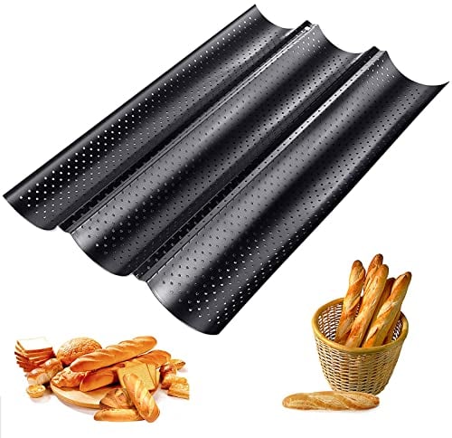 Guanici Baguette perforada antiadherente Bandeja para hornear pan francés Bandeja para baguettes con revestimiento antiadherente Bandeja de pan de tres ranuras Bandeja de horno (Negro)