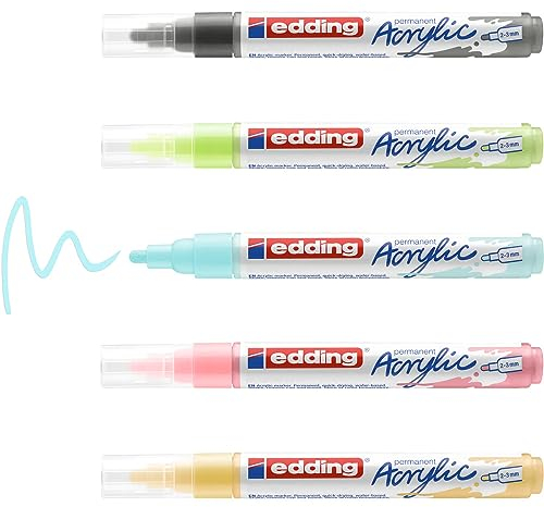 edding 5100 Acrylmarker - grau, gelb, blau, grün, rosa - 5 Acrylfarben Set (pastell) - Rundspitze 2-3 mm - Acryl Farben für Leinwand, Holz, Steine - Acrylstifte für Steine wasserfest