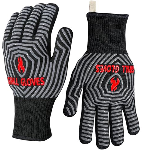QUWIN BBQ Gloves, 1472℉ Extreme Heat Resistant, Silicone Non-Slip Oven Mitts, Kitchen Gloves for Grilling, Cooking, Baking-1 Pair… (One Size Fits Most, Black)