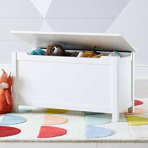 Large White Wooden Ottoman Toy Chest Bedding Blanket Storage Box Organiser For Children Room Bedroom Kids, Wooden Toys Organizer Cabinet Bench with Flip-Top Lid 2 x Safety Hinge for Playroom Bedroom