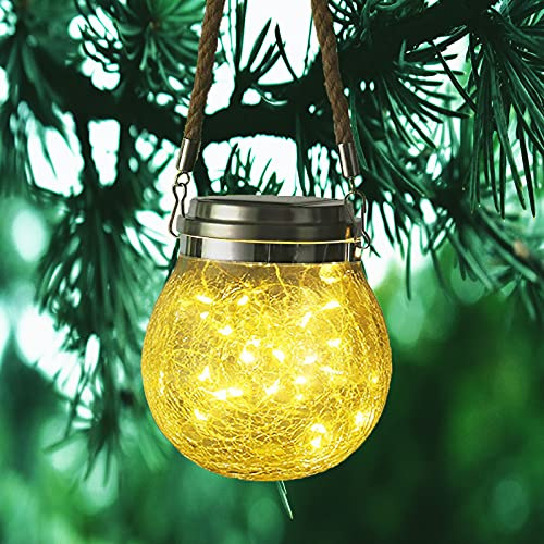 Lanterne Solaire Exterieur Jardin, ZQX 30 LED Boule de Lumière Solaire Craquelée Verre Lampe Suspendue Mason Jar avec Paille Eclairage IP65 Etanche Pour Pelouse, Fête, Cour, Mariage(Blanc Chaud)