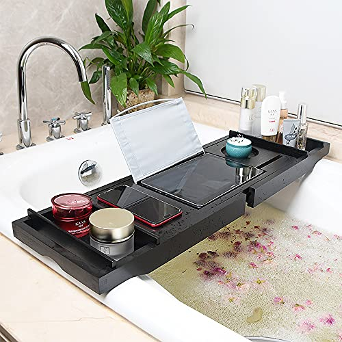 XUANYU Bandeja de Baño Extensible Bandeja para Bañera de Bambú Puente de Baño de Madera Estante de Baño Longitud Ajustable 70-105 cm (Negro)