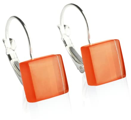 Hängende Ohrringe orangerot • Nickelfreie Ohrhänger Silber • Hängeohrringe mit Verschluss • Nachhaltiger Ohrschmuck • Schmucksteine: 10mm x 10mm x 3mm