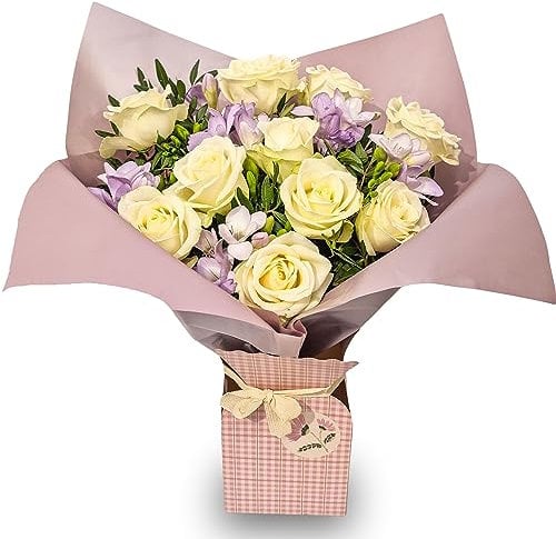 Rose & Freesia Flower Bouquet - Fresh White Roses, Lilac Freesia, and Lush Foliage | Perfect for Birthdays, Anniversaries, Mother’s Day, or Thank You Gifts