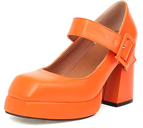 Lizoleor Damen Knöchelriemchen Mode Square Toe Lack Chunky Blockabsatz Plateau Pumps Party Höhe Ferse Mary Jane Schuhe Orange Gr 39 EU/40Cn