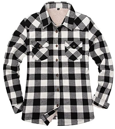 ZENTHACE Veste chemise en flanelle doublée de polaire Sherpa pour femme (doublure Sherpa), Buffalo Noir Blanc, Taille L