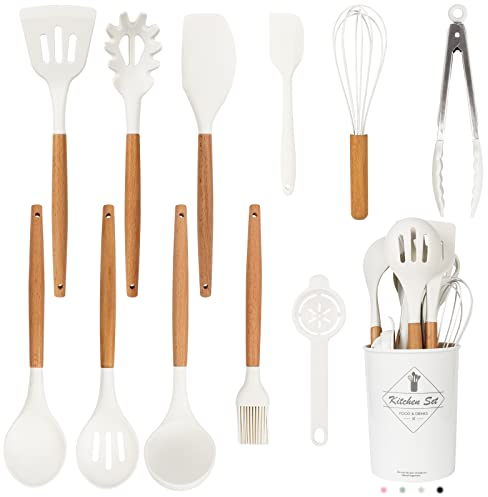 Juego de utensilios de cocina blancos, juego de 12 utensilios de cocina de silicona con mango de madera (apto para lavavajillas), resistente al calor, juego de espátulas antiadherentes, la mejor