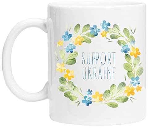 Unterstützen Sie Die Ukraine Im Blumenkranz Mit Gelben Und Blauen Blumen. Wiederverwendbare Tasse aus weißem Glas für Tee und Kaffee Coffe Cup