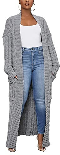 Long Sweaters for Women Cardigan Open Front Long Sleeve Plus Size Chunky Cable Knit Duster Cardigans with Pockets Winter Coat, Grey, Medium