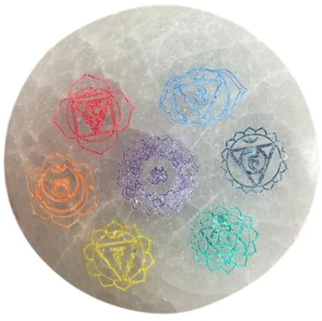 Small Selenite Charging Plate 8cm - Chakra Design - Ancient Wisdom
