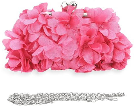 JAMBHALA Women Elegant Evening Purse, Small Floral Clutch Bag with Detachable Chain for Wedding, Party, Prom, Hotpink, S