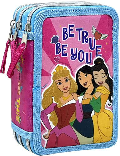 Clondo Estuche de Triple Relleno para Niñas, para Princesas Fan, 44 Utensilios Escolares, 3 Cremalleras, Lápices de Colores, Rotuladores, Tijeras, Aurora, Belle, Mulan